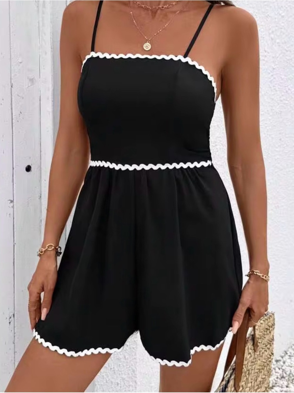 SHEIN Black Romper with White Scallop Trim